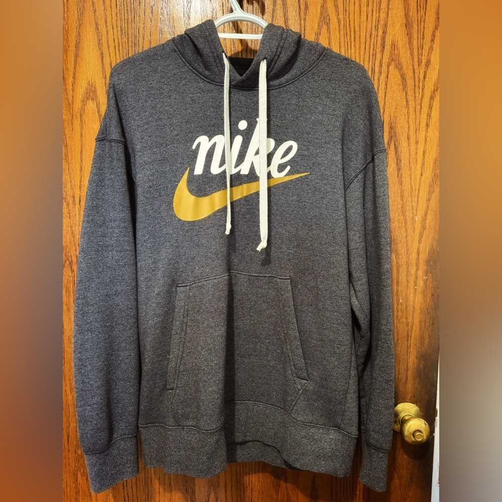 Nike Script Cursive Gray Hoodie with Gold Swoosh